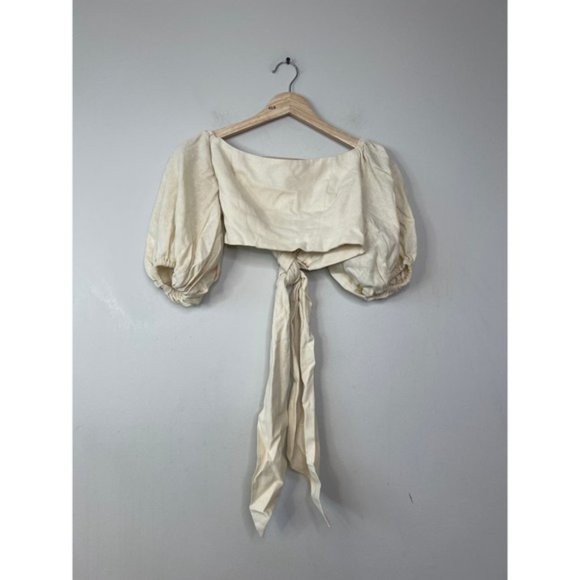 NEW Just Bee Queen Liza Bow Tie Crop Top in Linen Blend Oatmeal Cream - Picture 3 of 8
